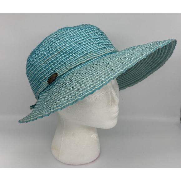 Cappelli Straworld Accessories - Cappelli Straworld Turquoise Blue White Striped Wide Brim Floppy Sun Hat Bonnet